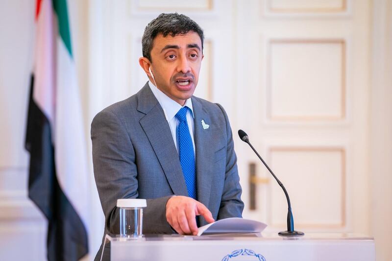 Sheikh Abdullah bin Zayed, Minister of Foreign Affairs and International Co-operation, delivers a statement after meeting Nikos Dendias, Greek Minister for Foreign Affairs. Wam