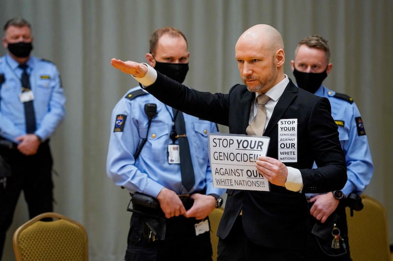 Anders Breivik sends out his message on the first day of his parole hearing. AFP