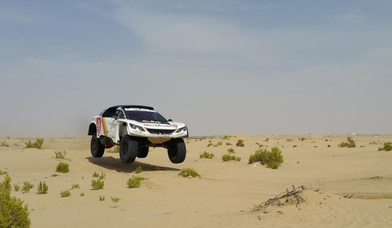 Sheikh Khalid Al Qassimi takes his Peugeot 3008 DKR for a test run ahead of the Abu Dhabi Desert Challenge. Courtesy Abu Dhabi Desert Challenge