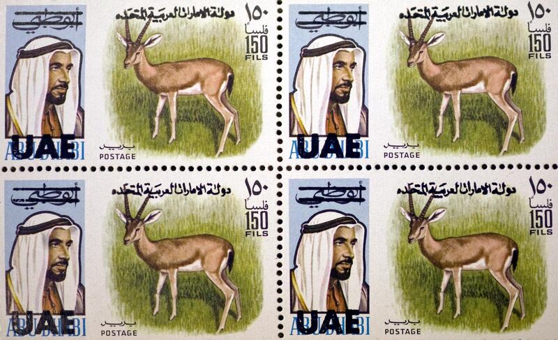 Dubai - March 29, 2010 - This UAE stamp was printed in 1971. Photographed in Dubai, March 29, 2010.  (Photo by Jeff Topping/The National) 
 