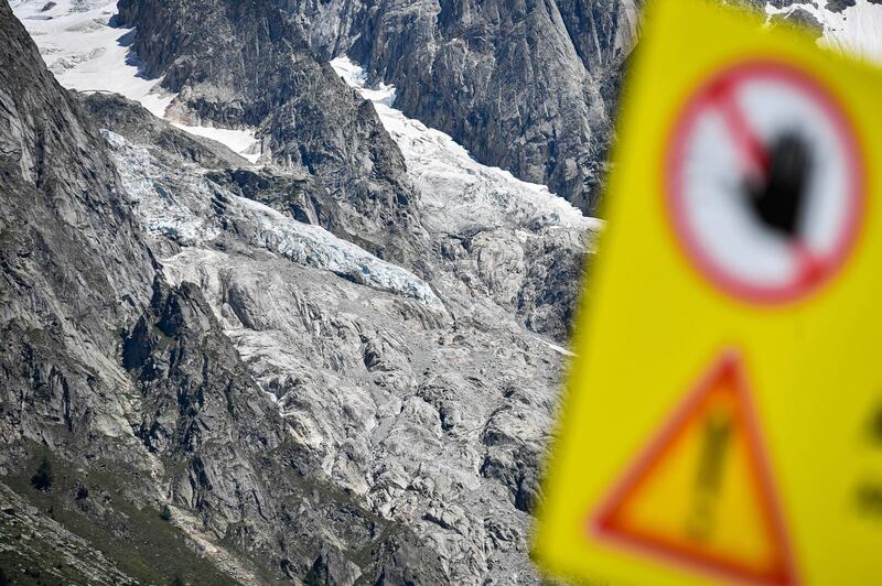 The Planpincieux glacier, located in the Alps on the Grande Jorasses peak of the Mont Blanc massif, is seen from Val Ferret, a popular hiking area on the south side of the Mont Blanc, near Courmayeur, northern Italy.  AP