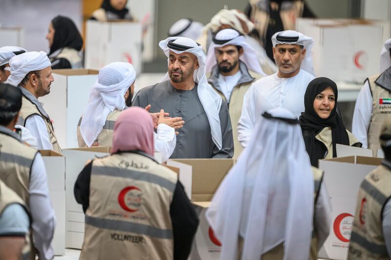 President Sheikh Mohamed visits an Emirates Red Crescent event where volunteers packed essential supplies for earthquake survivors in Turkey and Syria. All photos: Emirates Red Crescent

