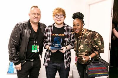 Thomas Ovesen, left, and wife Deborah Yearwood with British singer Ed Sheeran after his show at Dubai’s Autism Rocks Arena in 2017. Photo: Thomas Ovesen