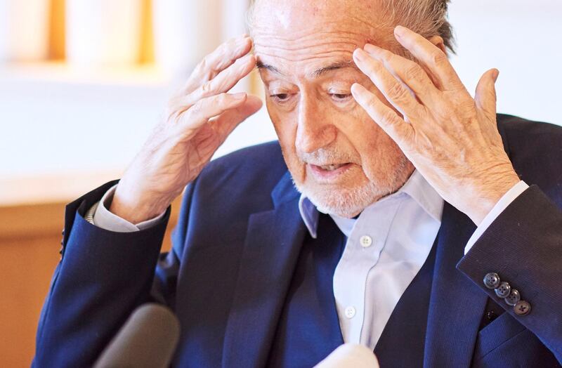 Former FIFA president Sepp Blatter gestures as he gives an interview to news agencies on April 21, 2017 in Zurich. / AFP PHOTO / Michael Buholzer