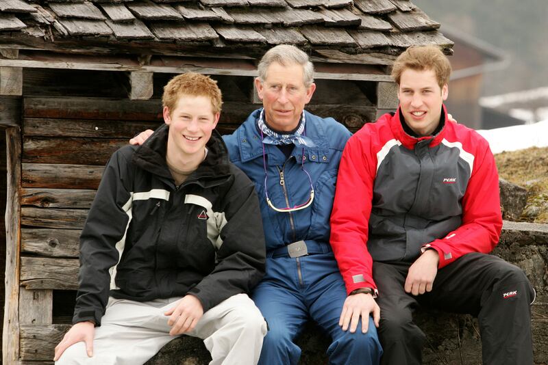 Prince Charles with his sons Prince William and Prince Harry during a family's ski break at Klosters, Switzerland, in March 2005.