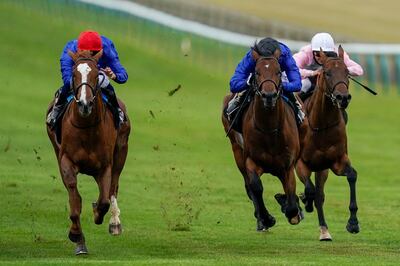 Mickael Barzalons riding Modern News (red cap) win The Watch Racing For Free On Betfair EBF Stallions Maiden Stakes from William Buick and Noble Dynasty (R, black cap) at Newmarket Racecourse. PA Photo. Issue date: Sunday June 7, 2020. See PA story RACING Newmarket. Photo credit should read: Alan Crowhurst/PA Wire