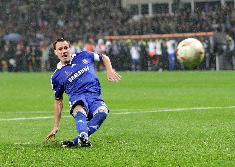 **Embargoed until 0600 Thursday May 21, 2020** 

File photo dated 21-05-2008 of Chelsea's John Terry watches the ball as it strikes the post in the shootout PA Photo. Issue date: Thursday May 21, 2020. John Terry slipped, Edwin van der Sar saved and Sir Alex Ferguson celebrated on a dramatic night in Moscow as Manchester United overcame Chelsea to become kings of Europe for the third time. See PA story SOCCER On This Day Man Utd. Photo credit should read Martin Rickett/PA Wire.