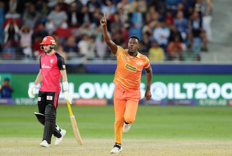 Giants' Carlos Brathwaite celebrates the wicket of Vipers' Tom Curran.