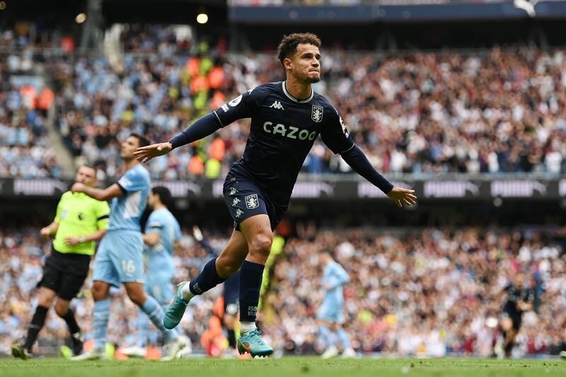 Philippe Coutinho celebrates after scoring again for Villa. Getty