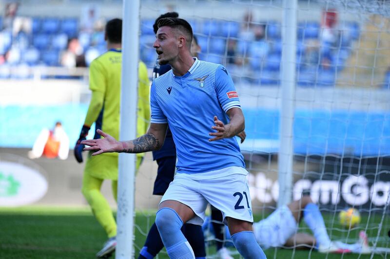 Lazio's Sergej Milinkovic Savic after teammate Vedat Muriqi missed a chance to level the scores. Getty