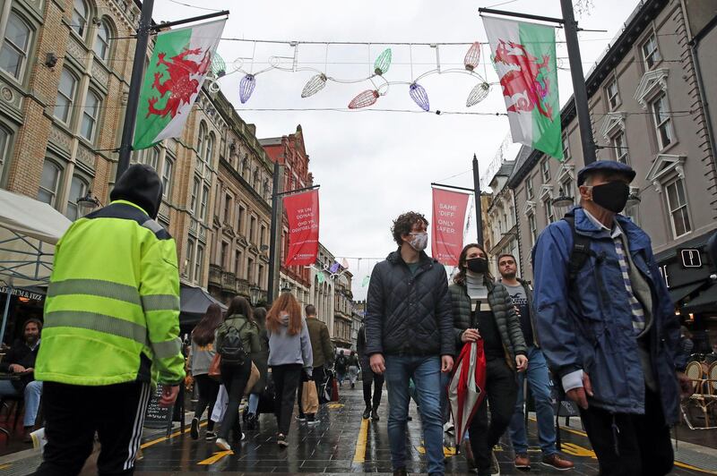 A view of a a busy street on the first weekend after Wales' 17-day fire-break lockdown in Cardiff. AP Photo