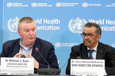 Michael Ryan, left, Executive Director of WHO's Health Emergencies programme, next to Tedros Adhanom Ghebreyesus, right, Director General of the World Health Organisation (WHO). AP
