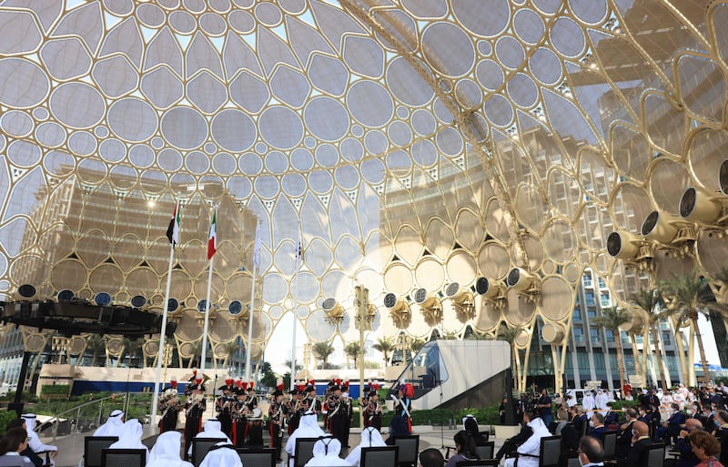 The Italian carabinieri band performs in the massive  Al Wasl Plaza dome at Expo 2020 Dubai. AFP
