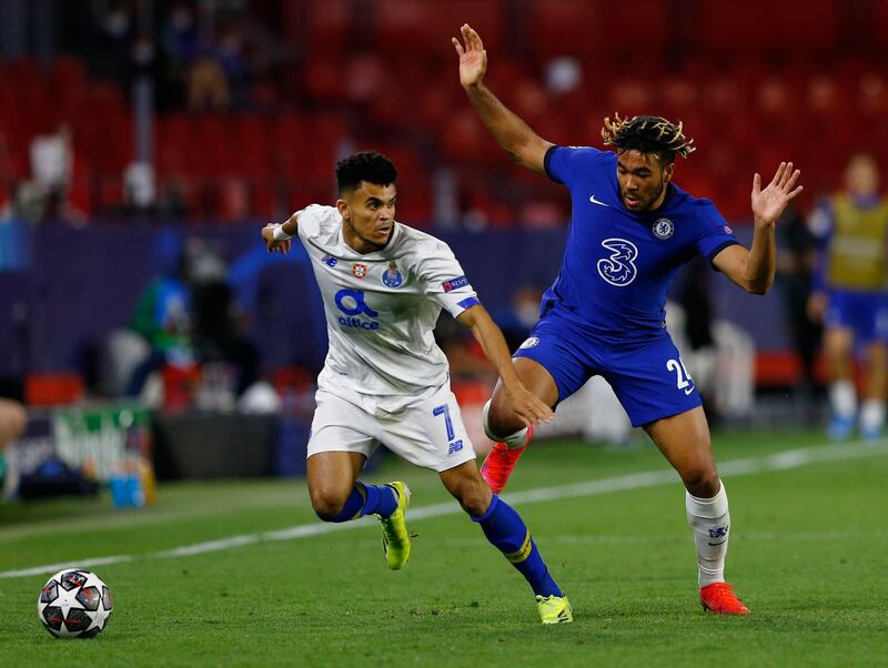 FC Porto's Luis Diaz in action with Chelsea's Reece James. Reuters
