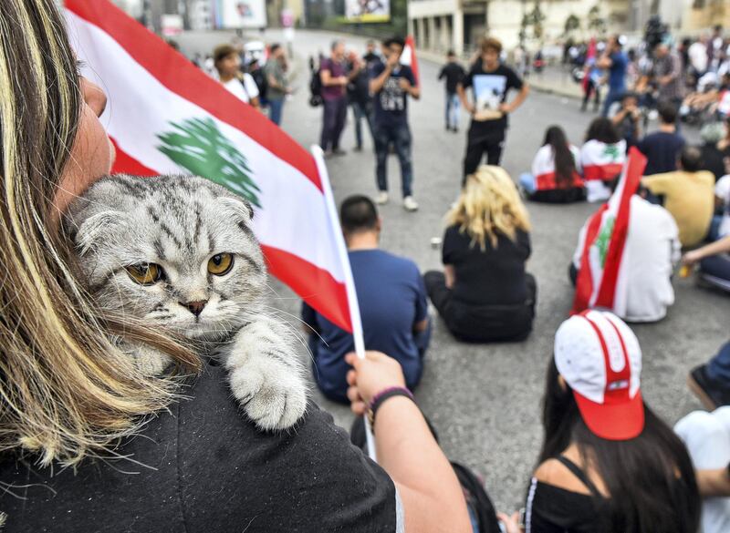 A woman carries a cat on her shoulder as she waves a Lebanese national flag during a demonstration in the centre of the capital Beirut on October 26, 2019, on the tenth day of country-wide protests against tax increases and official corruption. (Photo by - / AFP)