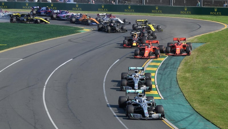 Mercedes' Valtteri Bottas leads the field through turn two during the Formula One F1 Australian Grand Prix at the Albert Park Grand Prix Circuit in Melbourne, Australia, March 17, 2019. AAP/Julian Smith/via REUTERS  ATTENTION EDITORS - THIS IMAGE WAS PROVIDED BY A THIRD PARTY. NO RESALES. NO ARCHIVE. AUSTRALIA OUT. NEW ZEALAND OUT.