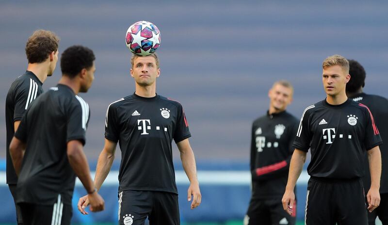 Thomas Mueller and teammates during the training session of Bayern Munich in Lisbon. EPA