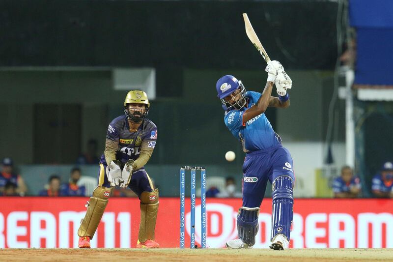 Hardik Pandya of Mumbai Indians plays a shot during match 5 of the Vivo Indian Premier League 2021 between  the Kolkata Knight Riders and the Mumbai Indians held at the M. A. Chidambaram Stadium, Chennai on the 13th April 2021.

Photo by Faheem Hussain / Sportzpics for IPL