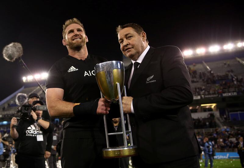 Rugby Union - Championship - Argentina Pumas v New Zealand All Blacks - Jose Amalfitani Stadium, Buenos Aires, Argentina - September 30, 2017 - New Zealand's captain Kieran Reid and coach Steve Hansen pose with the trophy after they won The Rugby Championship. REUTERS/Marcos Brindicci