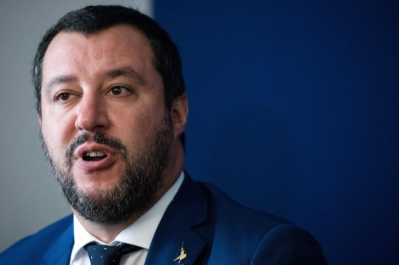Matteo Salvini, Italy's deputy prime minister, speaks during a news conference with Marine Le Pen, leader of the French nationalist National Rally party, not pictured, at the "Economic Growth And Social Prospects In A Europe Of Nations" event in Rome, Italy, on Monday, Oct. 8, 2018. Salvini said Europe's real enemy is Jean-Claude Juncker and the Brussels bureaucracy that pushes budget restrictions and open borders. Photographer: Alessia Pierdomenico/Bloomberg