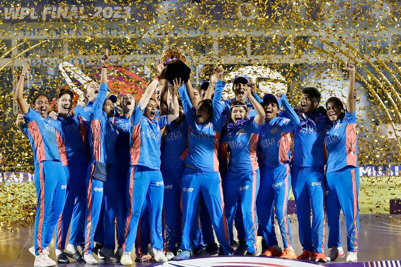 Mumbai Indians players after winning the Women's Premier League final against Delhi Capitals at the Brabourne Stadium on March 26, 2023. Getty