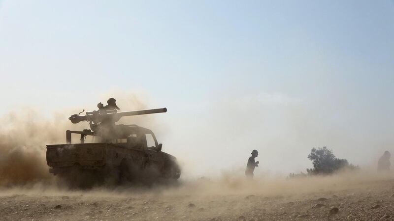 Saudi-backed government troops repel a Huthi rebel offensive on oil-rich Marib, some 120 kilometres (75 miles) east of Yemen's rebel-held capital Sanaa, on February 14, 2021.                   The UN’s humanitarian chief said he was "very alarmed" by a Huthi rebel assault on the Yemeni government’s last northern stronghold of Marib, saying it could endanger millions of civilians. / AFP / -

