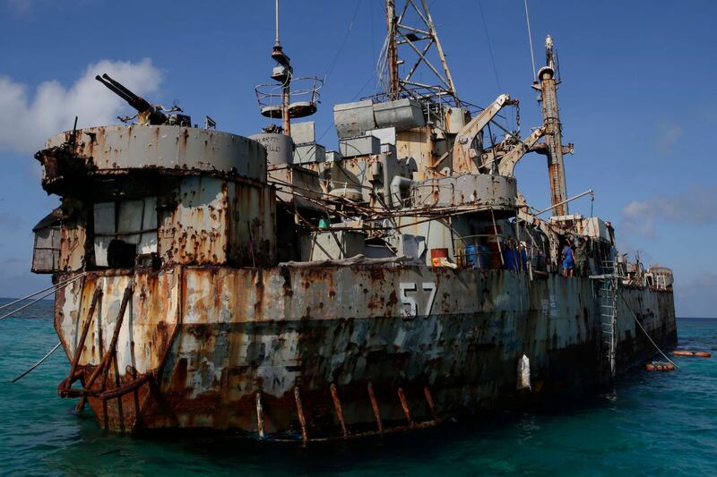 A dilapidated Philippine Navy ship with Philippine troops on board is anchored off Second Thomas Shoal, known locally as Ayungin Shoal, on March 30, 2014, in the South China Sea. AP