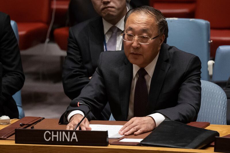 China's UN ambassador Zhang Jun speaks during a Security Council meeting earlier this month. AP