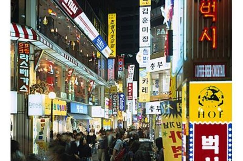 At night the area around Myeongdong Street buzzes with activity.