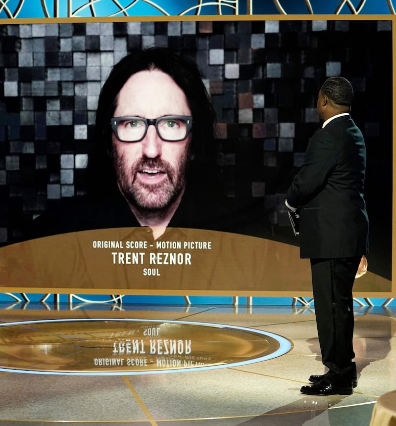 Trent Reznor as he accepts the Best Score - Motion Picture award for 'Soul' via video at the 78th Annual Golden Globe Awards. AFP / NBCUniversal