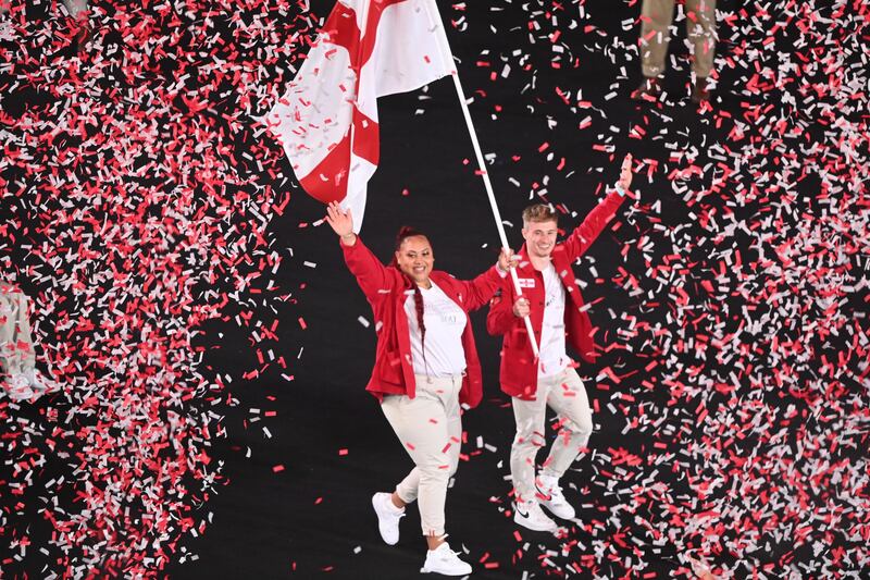 Emily Campbell and Jack Laugher lead Team England at the Opening Ceremony. EPA