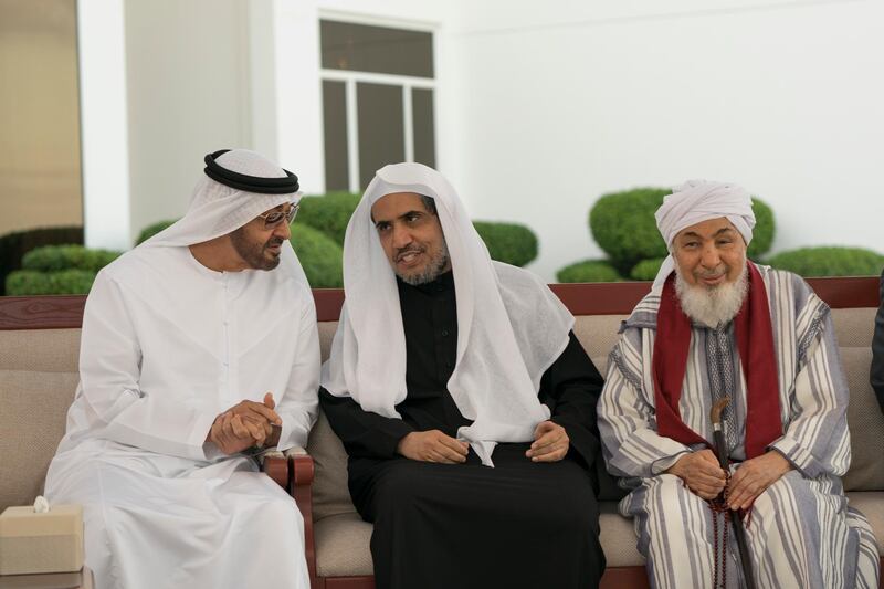 ABU DHABI, UNITED ARAB EMIRATES - December 11, 2017: HH Sheikh Mohamed bin Zayed Al Nahyan, Crown Prince of Abu Dhabi and Deputy Supreme Commander of the UAE Armed Forces (L), receives members of the Promoting Peace in Muslim Societies, during a Sea Palace barza. Seen with HE Shaykh Abdallah bin Bayyah (R).

( Rashed Al Mansoori / Crown Prince Court - Abu Dhabi )
---
