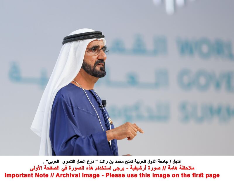 Sheikh Mohammed bin Rashid has been honoured for his role in helping to develop the Arab world. Wam