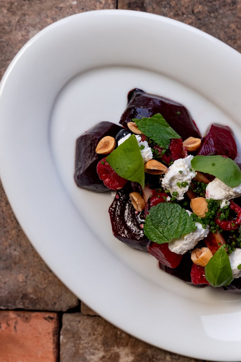 Beetroot salad with feta, berries, aged balsamic and hazelnut.