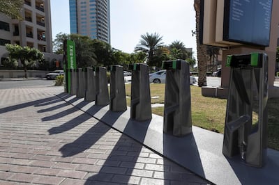 DUBAI, UNITED ARAB EMIRATES. 08 JANUARY 2020. One of the newly installed Careem Bike stations in The Greens. (Photo: Antonie Robertson/The National) Journalist: Patrick Ryan. Section: National.

