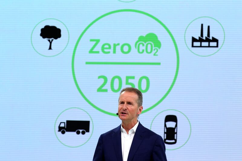 Herbert Diess, chief executive officer of Volkswagen AG (VW), speaks during the automaker’s annual news conference in Wolfsburg, Germany, on Tuesday, March 12, 2019.  Volkswagen’s profitability for the main VW, Audi and Porsche brands fell last year amid strains for the transition to electric cars and the German carmaker’s push for a deeper overhaul. Photographer: Krisztian Bocsi/Bloomberg