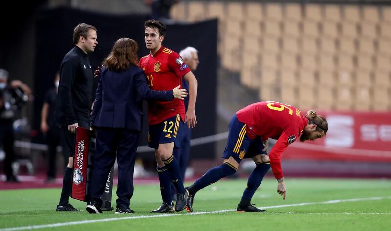 Eric Garcia of Spain is replaced by Sergio Ramos during the World Cup qualifier against Kosovo. Getty