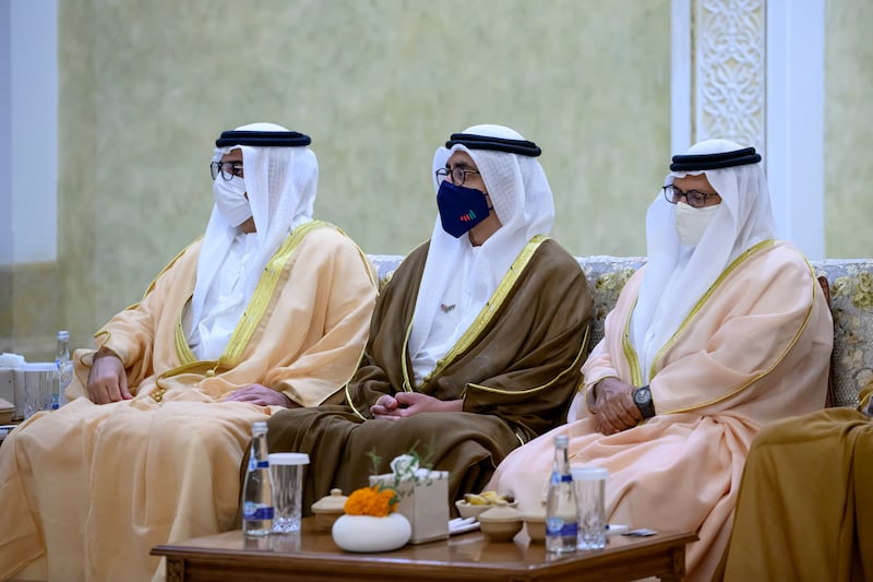 Sheikh Hamed bin Zayed, managing director of Abu Dhabi Investment Authority and Abu Dhabi Executive Council member; Sheikh Abdullah bin Zayed, Minister of Foreign Affairs and International Co-operation; and Dr Anwar Gargash, diplomatic adviser to the President, attend the meeting.