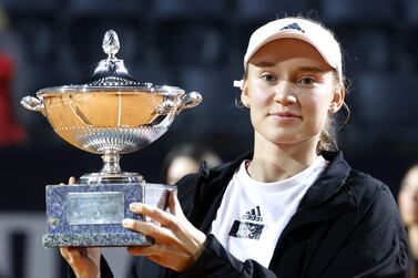 Elena Rybakina of Kazakhstan poses with the trophy after winning her women's singles final match against Anhelina Kalinina of Ukraine  during the Italian Open tennis tournament in Rome, Italy, 20 May 2023.   EPA / FABIO FRUSTACI