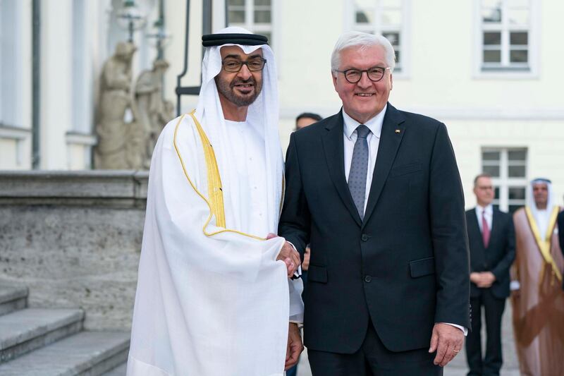 BERLIN, GERMANY - June 11, 2019: HH Sheikh Mohamed bin Zayed Al Nahyan, Crown Prince of Abu Dhabi and Deputy Supreme Commander of the UAE Armed Forces (L), stands for a photograph with HE Frank-Walter Steinmeier, President of Germany (R), at the Bellevue Palace, during an official visit to Berlin.

( Rashed Al Mansoori / Ministry of Presidential Affairs )
---