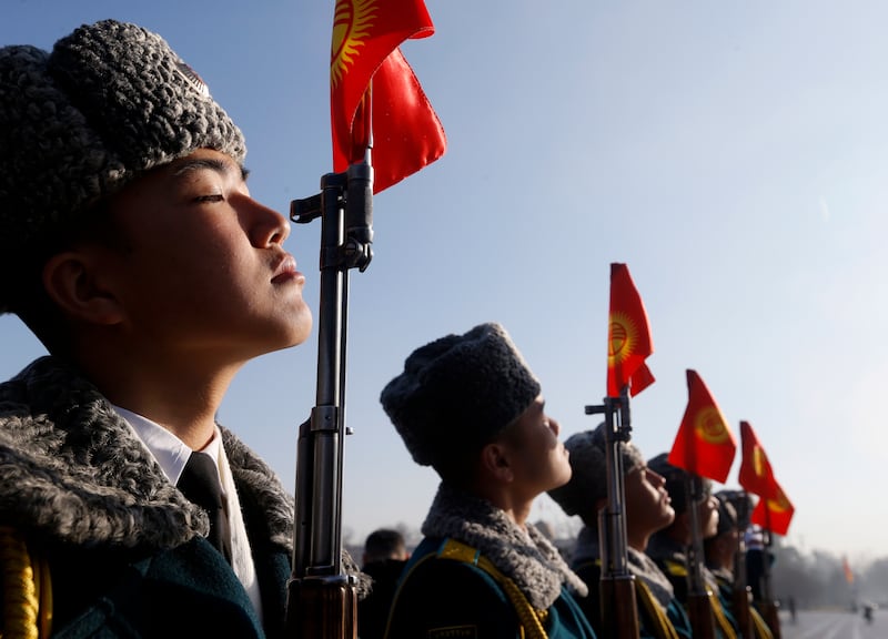 Kyrgyz soldiers during a procession dedicated to the Day of the State Flag on the central Ala-Too Square in the centre of Bishkek. The National Flag Day of Kyrgyzstan, celebrated annually on March 3, was established to educate citizens in the spirit of patriotism and respect for the state symbols of the country. EPA