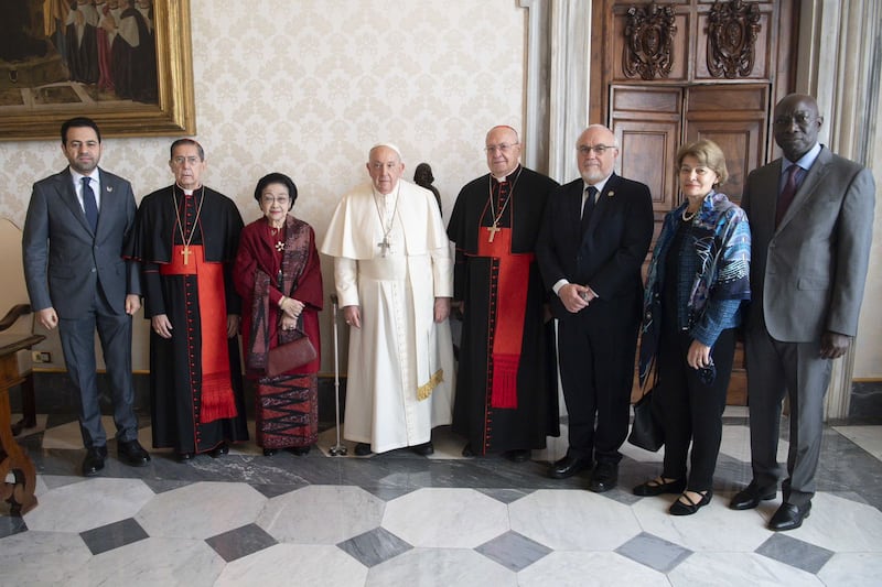 Pope Francis poses for a photo with the 2024 Zayed Award for Human Fraternity judging committee at the Vatican. Photo: Human Fraternity