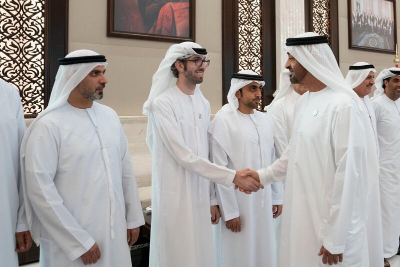 ABU DHABI, UNITED ARAB EMIRATES - May 21, 2019: HH Sheikh Mohamed bin Zayed Al Nahyan, Crown Prince of Abu Dhabi and Deputy Supreme Commander of the UAE Armed Forces (R), receives Special Olympics sponsors during an iftar reception at Al Bateen Palace.

( Eissa Al Hammadi for the Ministry of Presidential Affairs )
---