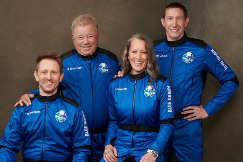 From left: Chris Boshuizen, William Shatner, Audrey Powers and Glen de Vries. Their launch is Blue Origin’s second passenger flight, using the same capsule and rocket that Jeff Bezos used for his own trip in July 2021. AP