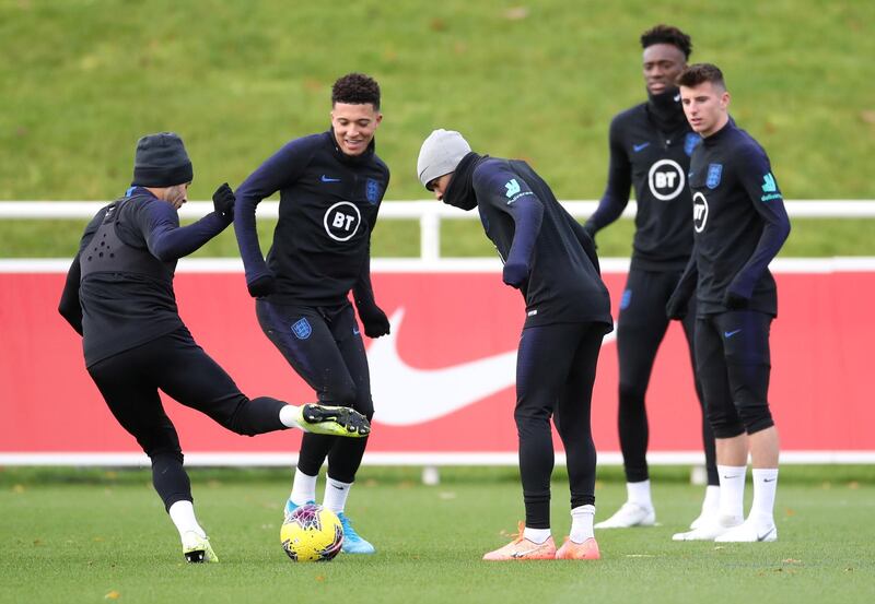 Jadon Sancho, Raheem Sterling, Tammy Abraham and Mason Mount during training. Reuters