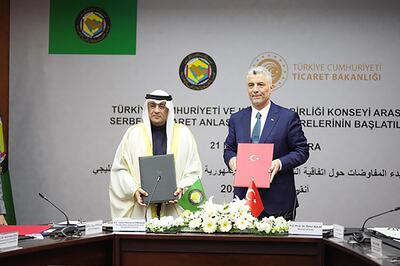 GCC Secretary General Jasem Mohamed Al Budaiwi and Omer Bolat, Turkey’s Minister of Trade, during the signing ceremony in Ankara. Photo: Secretariat General of the GCC