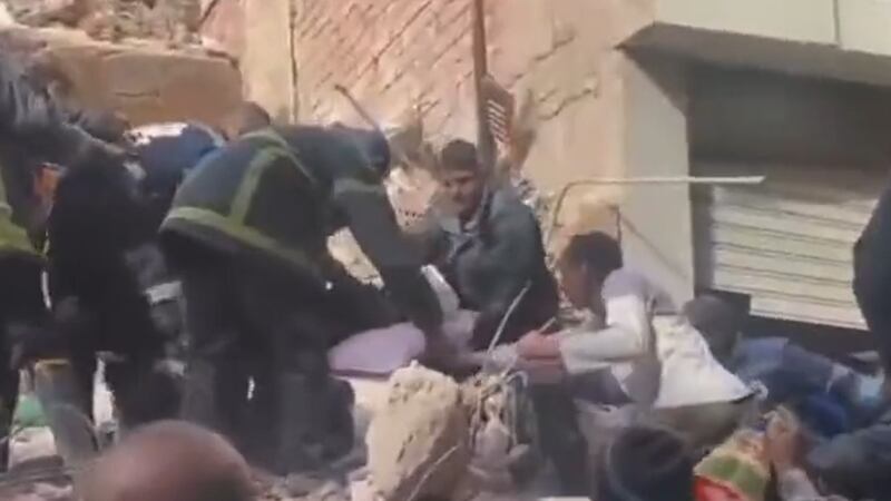 A still from footage of a fatal building collapse in Egypt last December.