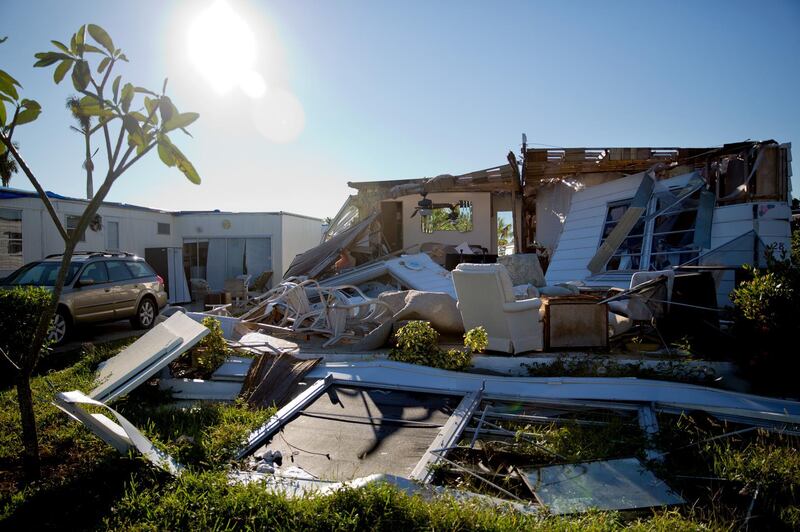 A mobile home damaged by Hurricane Irma is seen at the Riviera Colony neighborhood in Naples, Florida, U.S., on Monday, Oct. 30, 2017. Hurricane victims emerging from ravaged trailer parks are discovering that the U.S. mobile-home market has left them behind. In Florida and Texas, dealerships are swarmed by buyers looking to rebuild their lives after hurricanes Harvey and Irma, but many leave disappointed. Photographer: Scott McIntyre/Bloomberg