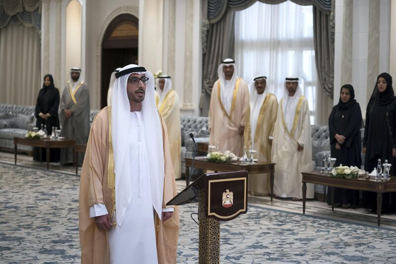 ABU DHABI, UNITED ARAB EMIRATES - October 31, 2017: HE Nasser Bin Thani Juma Al Hamli, UAE Minister of Human Resources and Emiratisation gives his oath, during a swearing-in ceremony for newly appointed ministers, at Mushrif Palace.

( Hamad Al Kaabi / Crown Prince Court - Abu Dhabi )
---