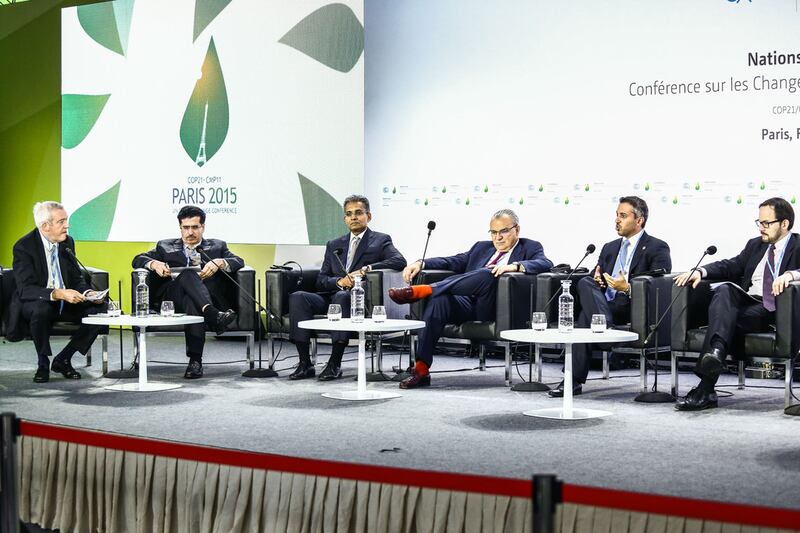 The alliance was announced during a panel at COP21, including Saeed Al Tayer, vice chairman of Dubai Supreme Council of Energy and chief executive of DEWA, Dr Ahmad Belhoul, chief executive of Masdar, and Paddy Padmanathan, chief executive and president of ACWA Power International, as well as officials from Veolia, Engie, National Renewable Energy Laboratory (NREL) and Syndicat des Energies Renouvelables. Courtesy Adco